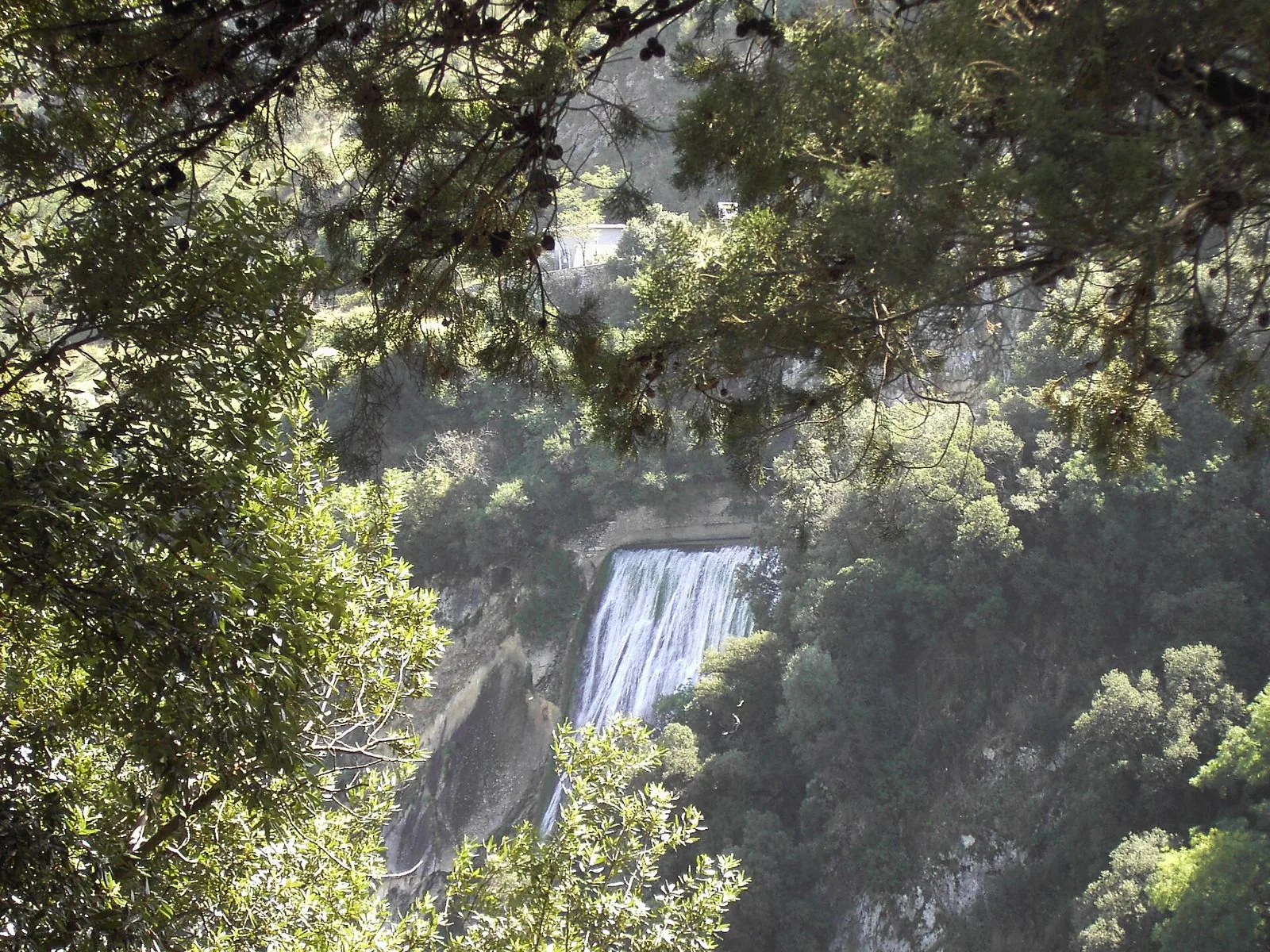 La Grande Cascata dell'Aniene a Villa Gregoriana vista attraverso i rami degli alberi, tra le pareti rocciose e la vegetazione della gola